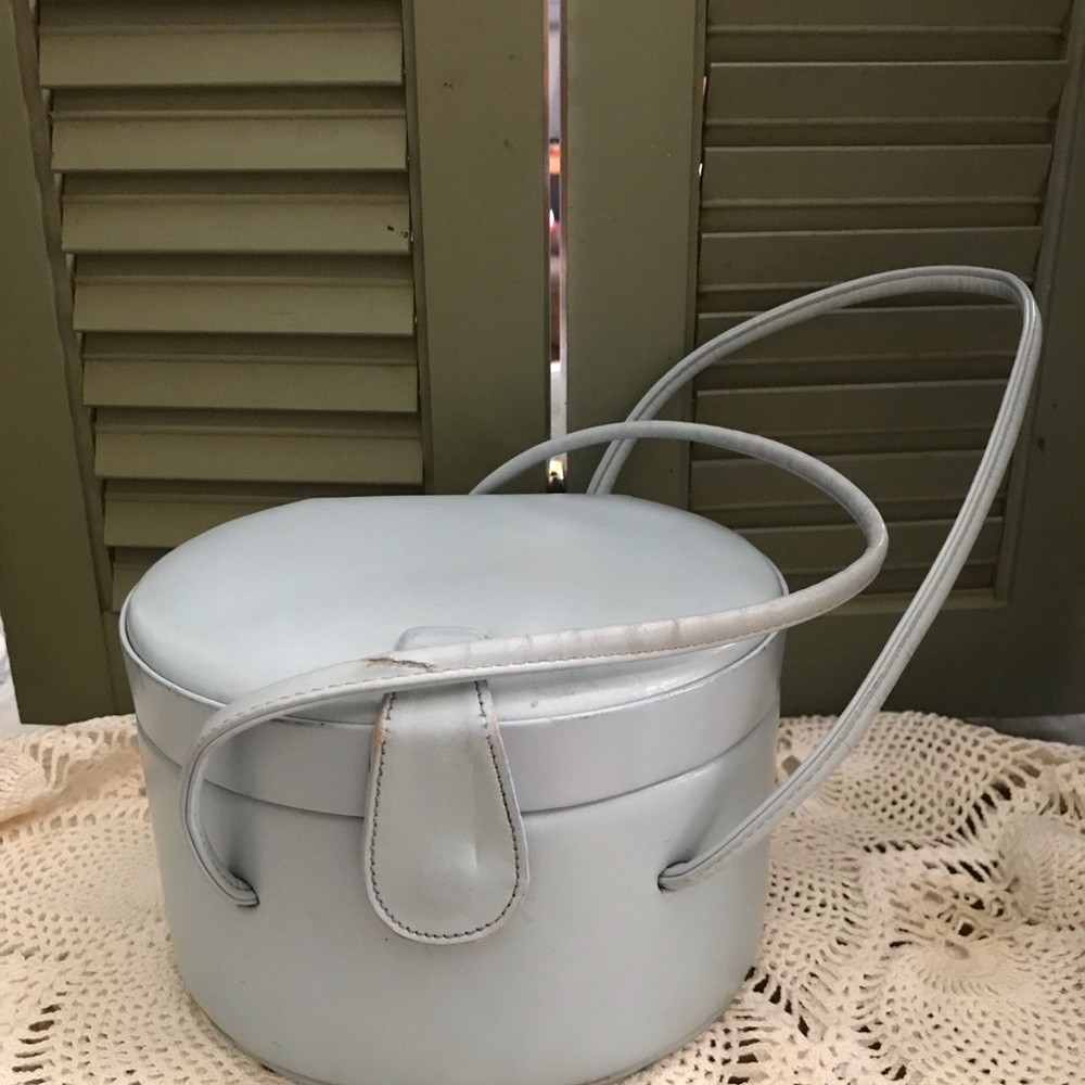 Vintage 1930s 1940s Art Deco Box Purse Handbag Evening Pillbox Lt Blue w/Mirror